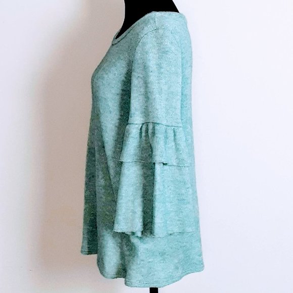 Fantastic Fawn Teal Blue Knit Top Ruffled Sleeves - Picture 2 of 3